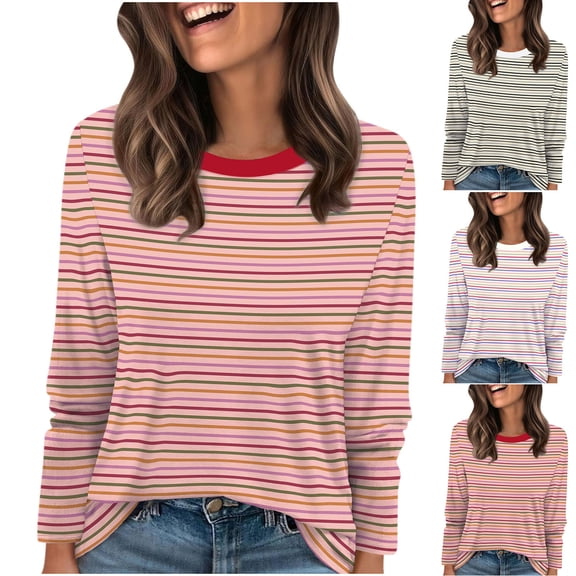 XPMWRP Women's Long Sleeve Top Blouse Fall Casual Trendy Colourful Striped Sweatshirt Crewneck Loose Casual Shirts Hot Pink S