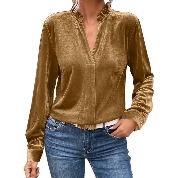 XPMWRP Women's Long Sleeve V-Neck Top Velvet Ruffle Collar Detail Blouse Trendy Basic Tees Casual Office Work T-Shirt Gold M