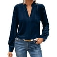 thumbnail image 1 of XPMWRP Women's Long Sleeve V-Neck Top Velvet Ruffle Collar Detail Blouse Trendy Basic Tees Casual Office Work T-Shirt Navy M, 1 of 8