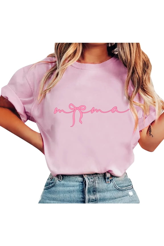 Women's Mama Shirt Short Sleeve Crew Neck Mom Mothers Day T Shirts Tees Fashion Print Holiday Tops Pink S