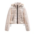 thumbnail image 1 of XPMWRP Women's Metallic Down Puffer Hoodies Jacket Long Sleeve Solid Color Zip Jacket Winter Warm Loose Water Resistant Coats with Pockets Beige M, 1 of 9