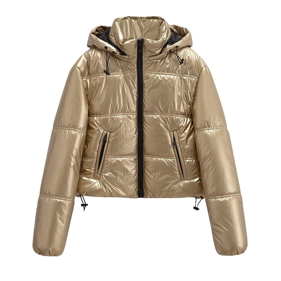 XPMWRP Women's Metallic Down Puffer Hoodies Jacket Long Sleeve Solid Color Zip Jacket Winter Warm Loose Water Resistant Coats with Pockets Gold L