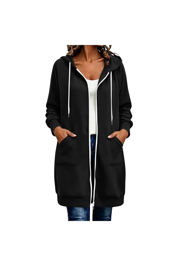 Women's Mid Length Zip Up Hooded Cardigan, Long Loose Fit Fleece Duster Coat with Side Pockets Black S