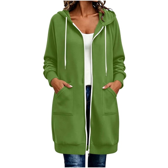 XPMWRP Women's Mid Length Zip Up Hooded Cardigan, Long Loose Fit Fleece Duster Coat with Side Pockets Green XXL