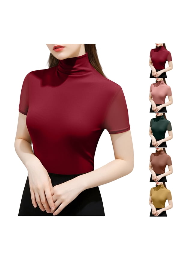 Women's Mock Turtleneck Top Fashion Short Sleeve Lightweight T-Shirt Casual Solid Stretch Fitted Tees Yellow S