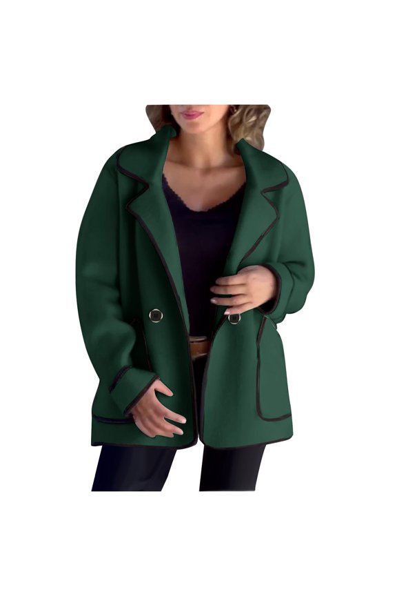 Women's Notched Lapel Solid Color Trim Trench Coat Double Sided Fleece Casual Blazer Long Sleeved Elegant Jacket with Pockets Green L