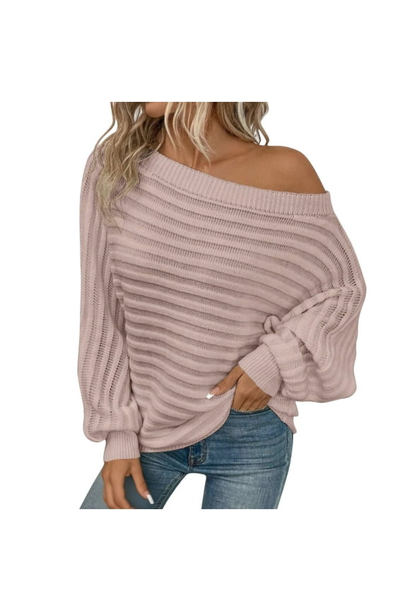 Women's One Shoulder Fall Sweaters Batwing Sleeve Textured Knit Tops Oversized Off The Shoulder Solid Color Pullover Sweater Pink M