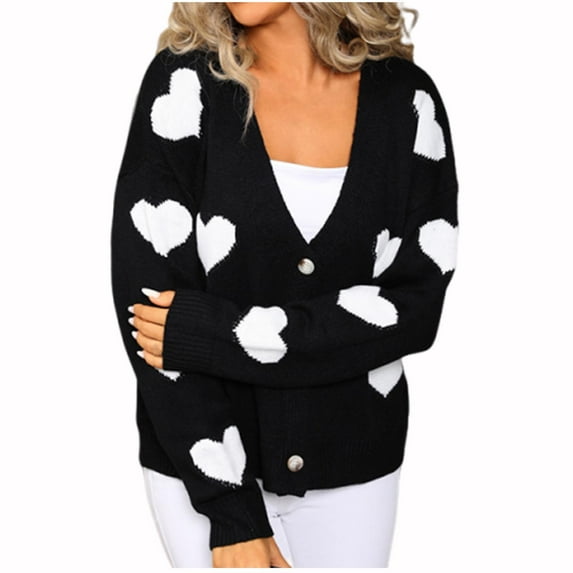 XPMWRP Women's Open Front Button Down Heart Tether Cardigan Sweaters Trendy Fall Winter V Neck Long Sleeve Knit Sweater Tops Black S