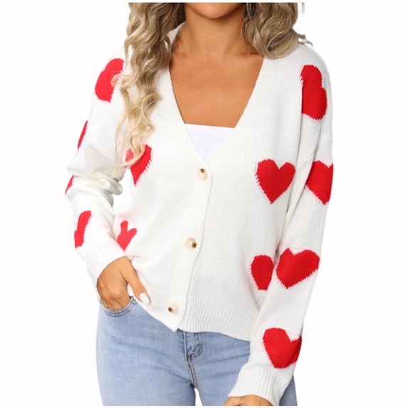 XPMWRP Women's Open Front Button Down Heart Tether Cardigan Sweaters Trendy Fall Winter V Neck Long Sleeve Knit Sweater Tops White S