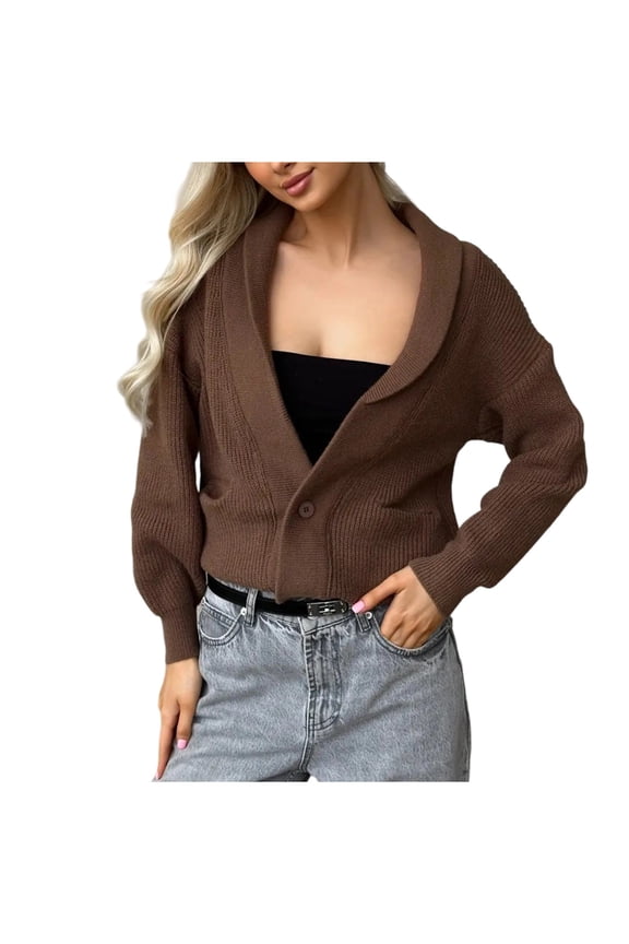Women's Open Front Button Down Oversized Cardigan Drop Shoulder Sweater Long Sleeve Solid Color Loose Knit Jacket Fall Causal Loungewear Brown Free Size