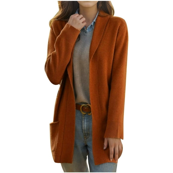 XPMWRP Women's Open Front Cardigan Coats Long Sleeve Solid Color Loose Knitted Jacket Fall Winter Warm Clothes with Pockets Brown M