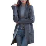 XPMWRP Women's Open Front Cardigan Coats Long Sleeve Solid Color Loose Knitted Jacket Fall Winter Warm Clothes with Pockets Gray M