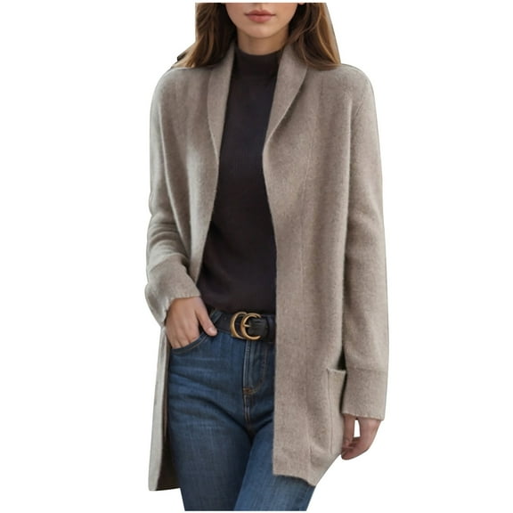 XPMWRP Women's Open Front Cardigan Coats Long Sleeve Solid Color Loose Knitted Jacket Fall Winter Warm Clothes with Pockets Yellow XL