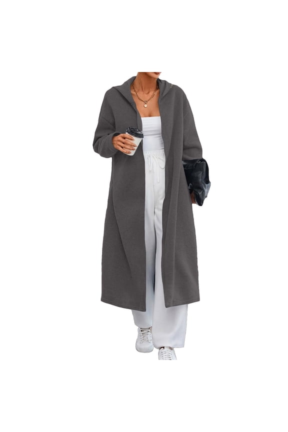 Women's Open Front Hooded Long Coat Solid Color Long Sleeve Casual Jackets Fall Winter Fashion Clothes with Pocket Gray XXL