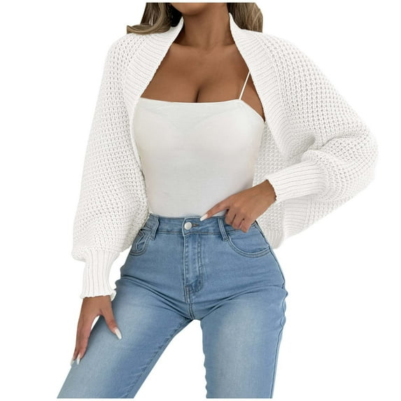 XPMWRP Women's Open Front Ribbed Knit Crop Shawl Irregular Sweaters Long Sleeve Solid Color Loose Fit Knitted Cardigan Shrug White Free Size