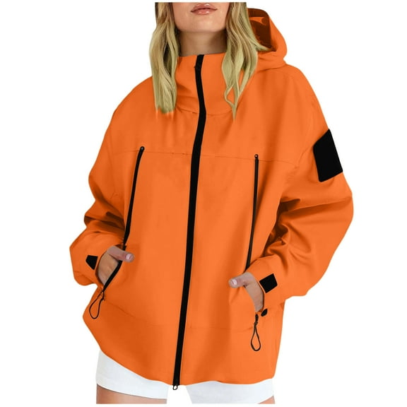 XPMWRP Women's Outdoor Hooded Waterproof Coats Windbreaker Hiking Traveling Long Sleeve Coats Winter Keep Warm Solid Color Clothes with Pockets Orange L
