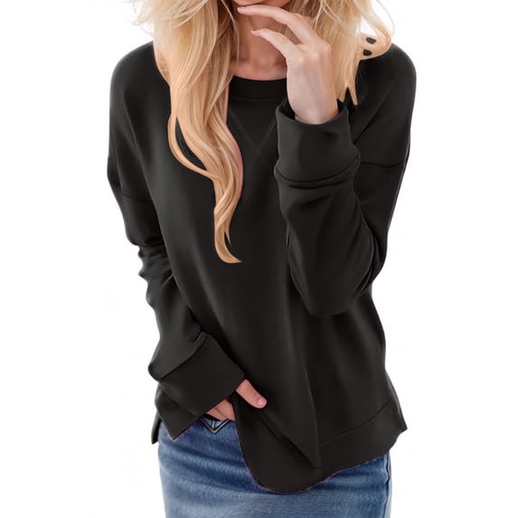 XPMWRP Women's Oversized Crewneck Solid Color Sweatshirt Side Slit Long Sleeve Casual Pullover Tops Winter Warm Soft Loose Clothes Black S