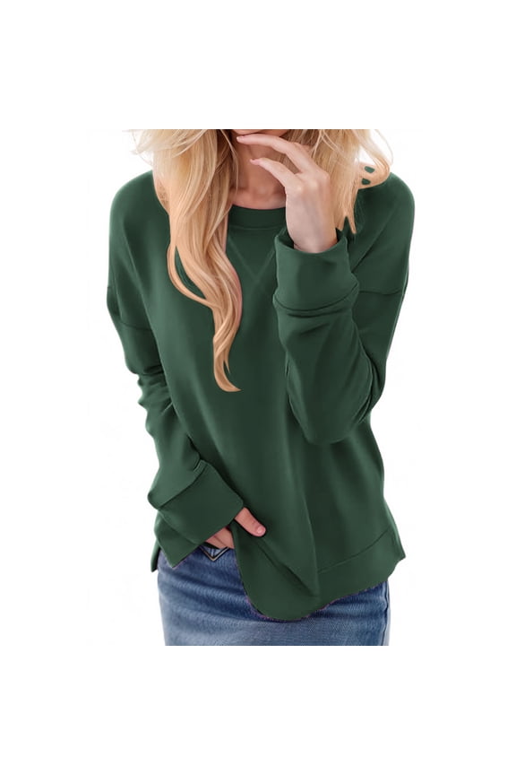 Women's Oversized Crewneck Solid Color Sweatshirt Side Slit Long Sleeve Casual Pullover Tops Winter Warm Soft Loose Clothes Green S