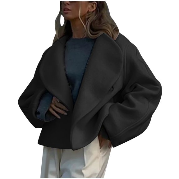 XPMWRP Women's Oversized Cropped Coats Lapel Open Front Long Sleeve Solid Color Jacket Winter Warm Loose Jacket Black L