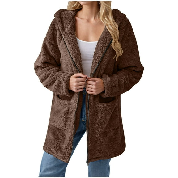 XPMWRP Women's Oversized Fleece Zip Up Hooded Jacket Solid Color Long Sleeved Casual Coats Winter Warm Trendy Jacket with Pockets Brown XL