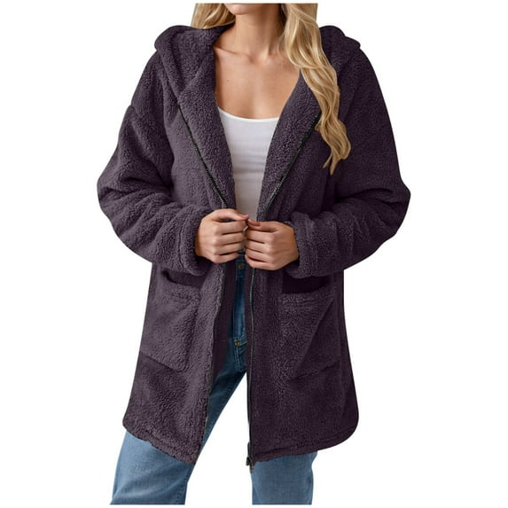 XPMWRP Women's Oversized Fleece Zip Up Hooded Jacket Solid Color Long Sleeved Casual Coats Winter Warm Trendy Jacket with Pockets Purple M