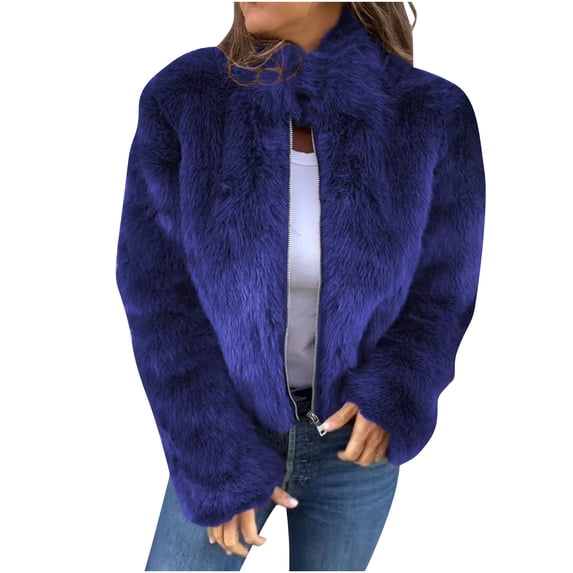 XPMWRP Women's Oversized Fleece Zip Up Jacket Solid Color Long Sleeved Casual Stand Collar Coats Winter Warm Trendy Jacket Blue XL
