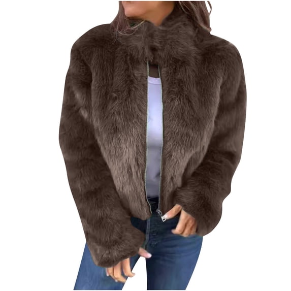 XPMWRP Women's Oversized Fleece Zip Up Jacket Solid Color Long Sleeved Casual Stand Collar Coats Winter Warm Trendy Jacket Brown XXL