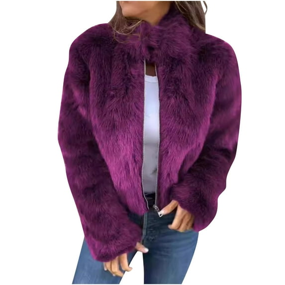 XPMWRP Women's Oversized Fleece Zip Up Jacket Solid Color Long Sleeved Casual Stand Collar Coats Winter Warm Trendy Jacket Purple L