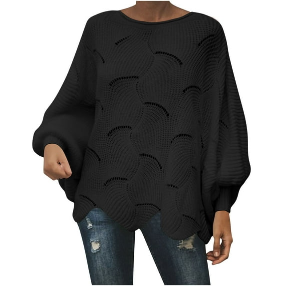 XPMWRP Women's Oversized Hollow Out Irregular Hem Sweater Crochet Tops Batwing Long Sleeve Crew Neck Jumper Solid Color Sweaters Black XXL
