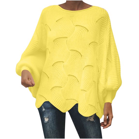 XPMWRP Women's Oversized Hollow Out Irregular Hem Sweater Crochet Tops Batwing Long Sleeve Crew Neck Jumper Solid Color Sweaters Yellow XXXL