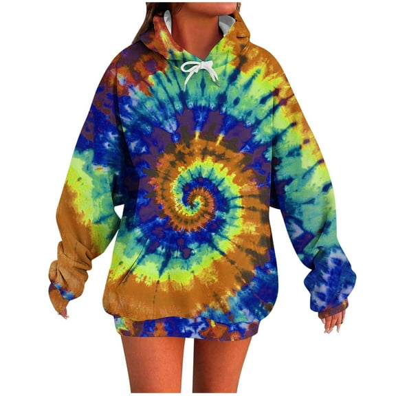 XPMWRP Women's Oversized Hoodies Tie dye Print Sweatshirts Cute Crewneck Long Sleeve Fashion Pullover Tops Fall Winter Outfits Clothing with Pockets Yellow XXL