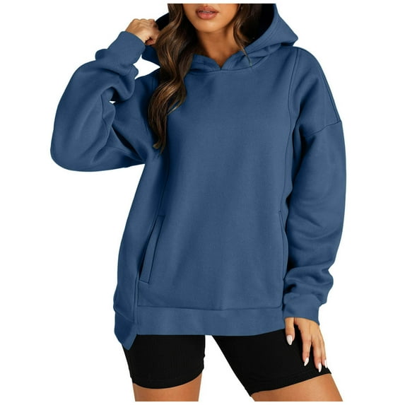 XPMWRP Women's Oversized Solid Color Hooded Sports Sweatshirt Long Sleeve Casual Trendy Pullover Tops Winter Warm Soft Loose Clothes with Pockets Blue M