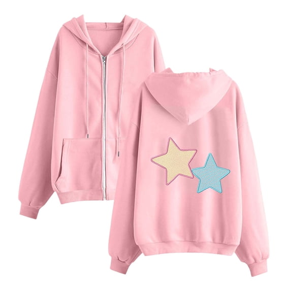 XPMWRP Women's Oversized Star Embroidery Graphic Zip Up Sweatshirts Hoodies Cute Long Sleeve Fleece Fall Winter Warm Sweatshirt Pink XXL