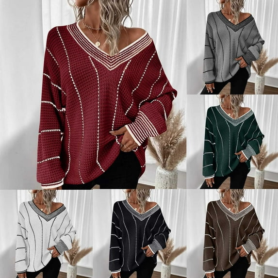 XPMWRP Women's Oversized Striped Tunic Sweaters Casual V Neck Long Sleeve Color Block Knit Trendy Pullover Jumper Tops Green XL