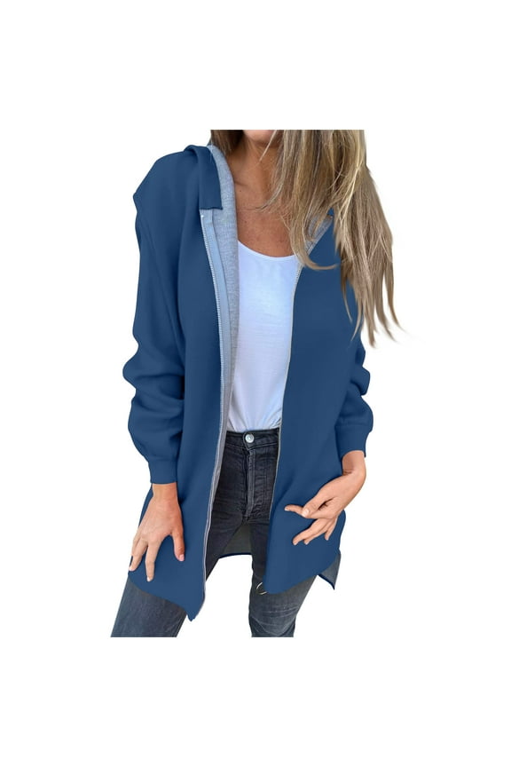 Women's Oversized Zip Up Hooded Jacket Solid Color Long Sleeved Casual Coats Winter Warm Trendy Mid Length Jacket Blue S