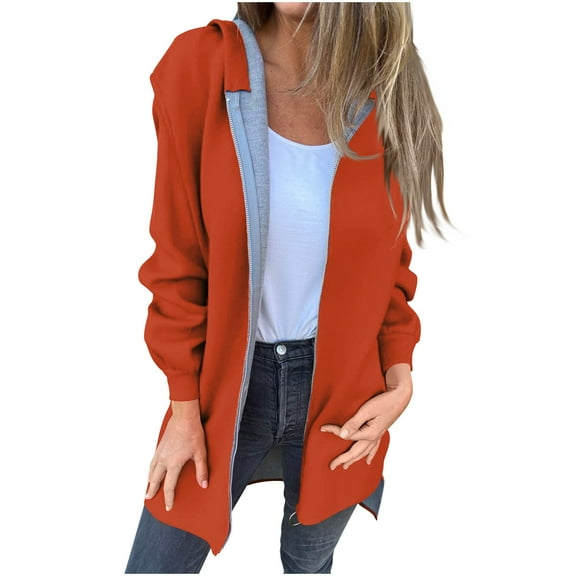 XPMWRP Women's Oversized Zip Up Hooded Jacket Solid Color Long Sleeved Casual Coats Winter Warm Trendy Mid Length Jacket Orange M