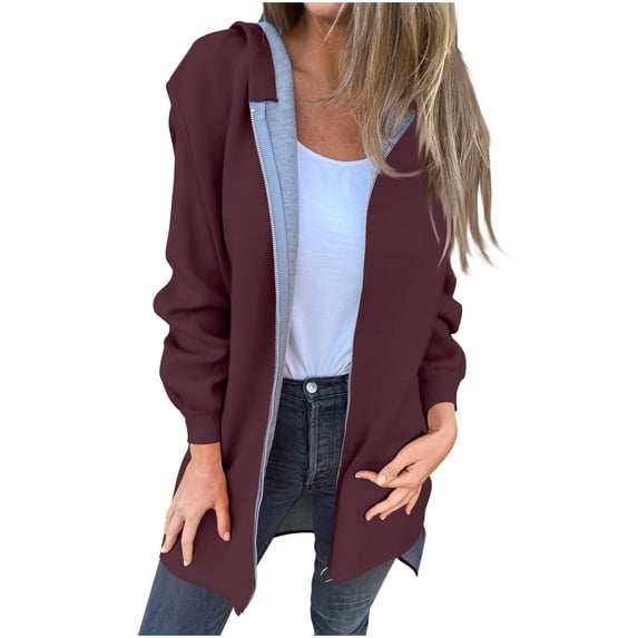 XPMWRP Women's Oversized Zip Up Hooded Jacket Solid Color Long Sleeved Casual Coats Winter Warm Trendy Mid Length Jacket Red XXXXL