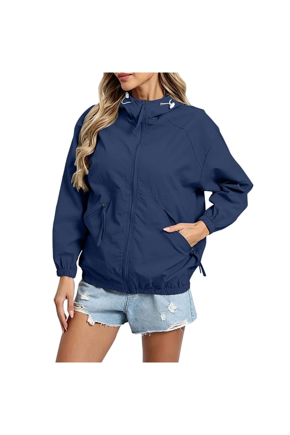 Women's Packable Hooded Windbreaker Jacket, Full Zip Lightweight Loose Fit Rain Coat with Elastic Cuffs & Pockets Navy L