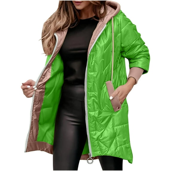 XPMWRP Women's Patchwork Hooded Jackets Solid Color Fashion Long Sleeve Loose Jacket Winter Warm Casual Zip Up Coats with Pockets Green L
