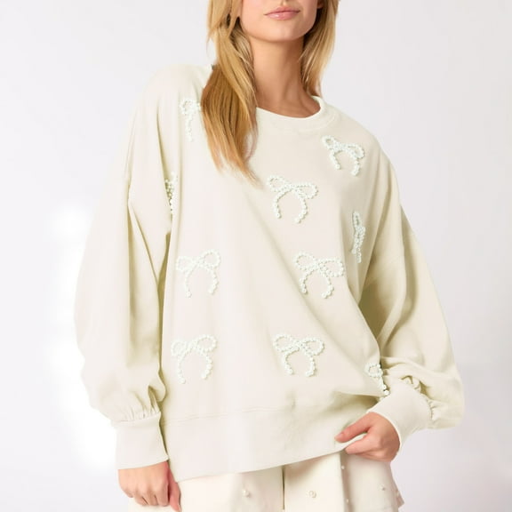 XPMWRP Women's Pearl Bow Printed Sweatshirt Oversized Long Sleeve Casual Pullover Fairycore Crewneck Loose Sweatshirt Beige XL