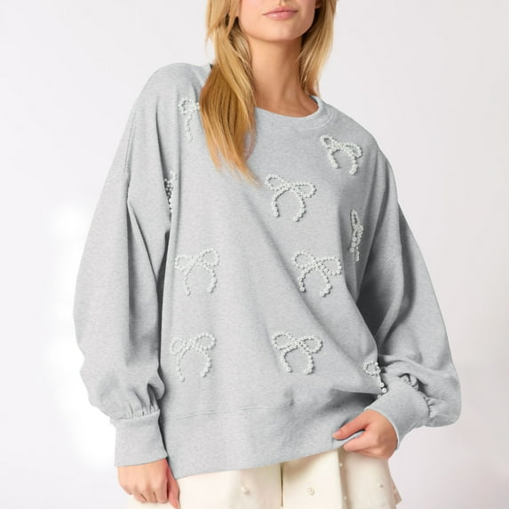 XPMWRP Women's Pearl Bow Printed Sweatshirt Oversized Long Sleeve Casual Pullover Fairycore Crewneck Loose Sweatshirt Gray S