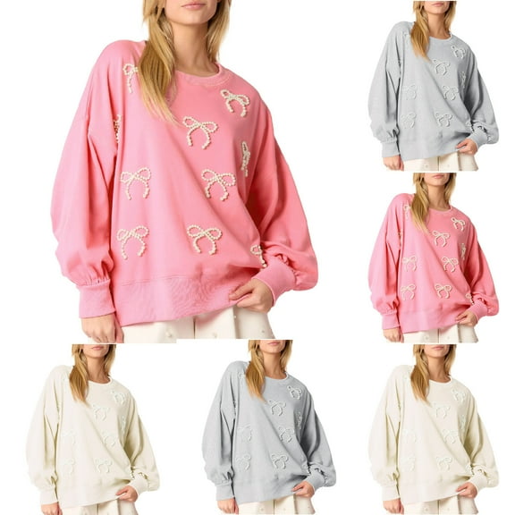 XPMWRP Women's Pearl Bow Printed Sweatshirt Oversized Long Sleeve Casual Pullover Fairycore Crewneck Loose Sweatshirt Pink XXL