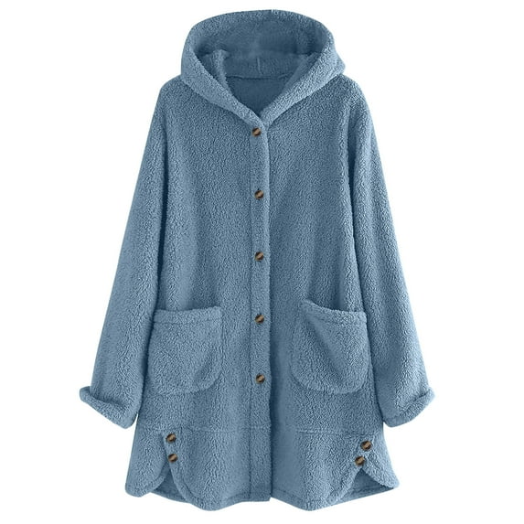 XPMWRP Women's Plus Size Fleece Hooded Coat Button Solid Color Long Sleeve Fashion Jacket Winter Warm Loose Jacket with Pockets Blue L