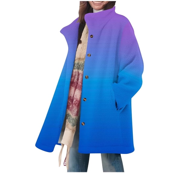 XPMWRP Women's Plus Size Gradient Color Fleece Jacket Long Sleeve Button Down Casual Coats Lapel Collar Winter Loose Jacket with Pockets Blue M