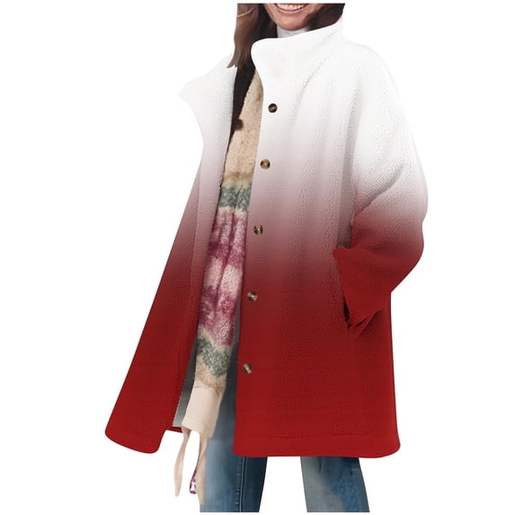 XPMWRP Women's Plus Size Gradient Color Fleece Jacket Long Sleeve Button Down Casual Coats Lapel Collar Winter Loose Jacket with Pockets Red S