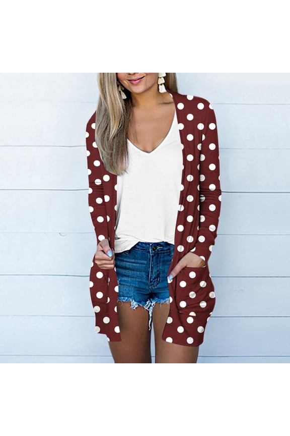 Women's Plus Size Polka Dot Jacket Long Sleeve Open Front Casual Coats Fall Winter Loose Jacket with Pockets Red M