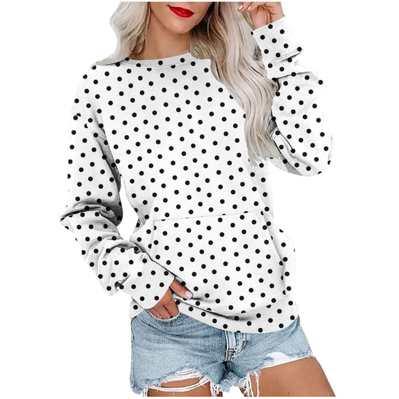 XPMWRP Women's Polka Dot Printed Oversized Sweatshirt Loose Comfortable Pullover Long Sleeve Crewneck Casual Sweatshirt White S