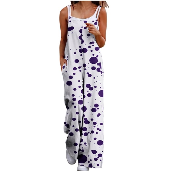 XPMWRP Women's Polka Dot Sleeveless Jumpsuit Casual Loose Wide Leg Overalls with Pockets for Summer Vacation Purple XXXL