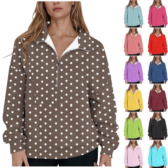 XPMWRP Women's Polka Dot Sweatshirt Half Zip V Neck Pullover Casual Long Sleeve Shirts Winter Fleece Warm Sweatshirts Tops Coffee XXL