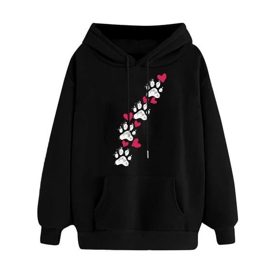XPMWRP Women's Print Hoodies Drawstring Sweatshirt Long Sleeve Crewneck Cute Pullover Tops Fall Winter Casual Sweatshirt With Pocket Black M